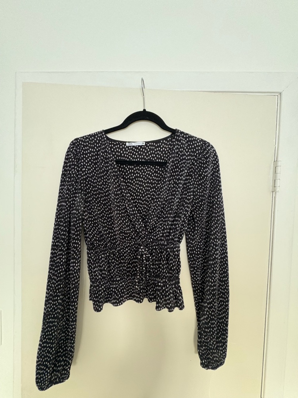 Zara Black and White Dot Tie-Front Long Sleeve Top